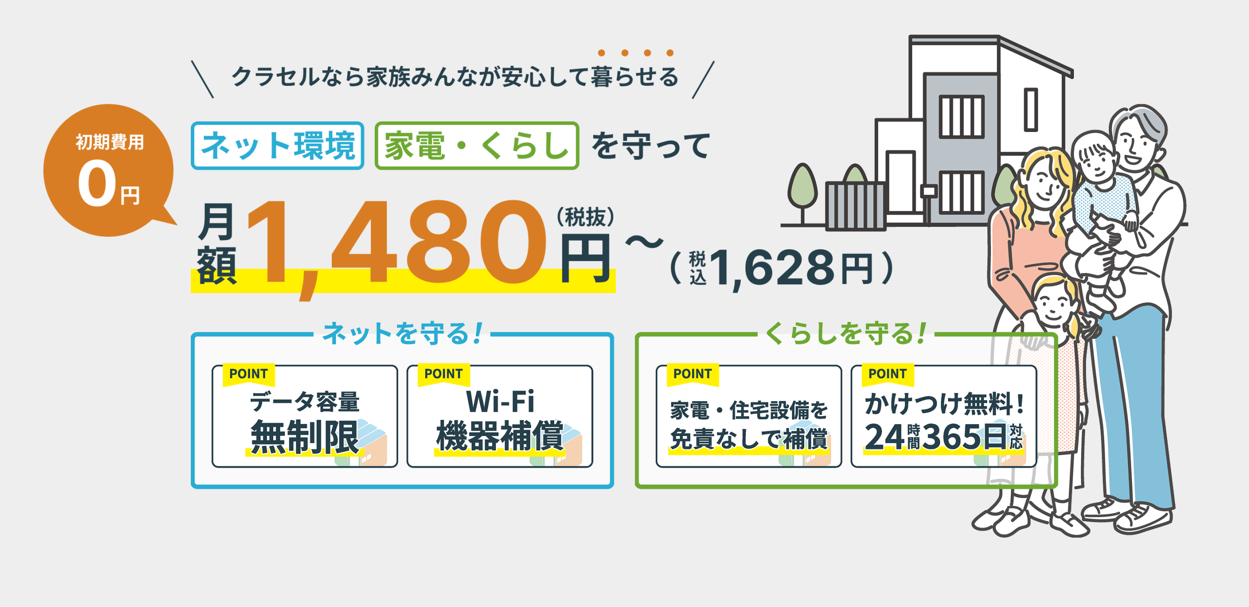 クラセルなら家族みんなが安心して暮らせる 月額1,480円（税抜）～